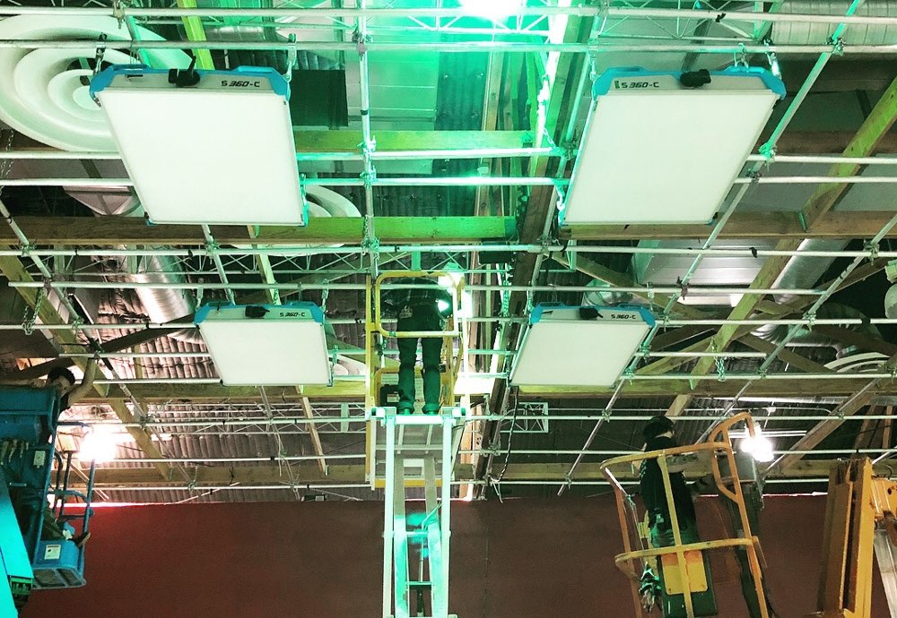 S360-C SkyPanels rigged on a stage