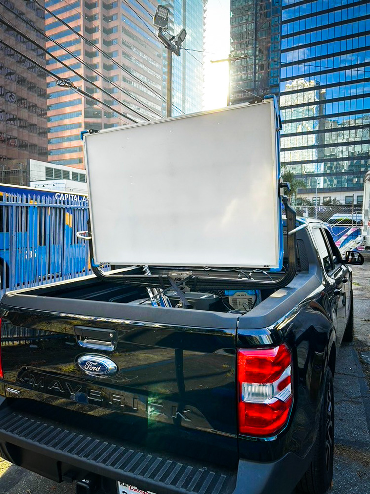 Skypanel S360 mounted in the back of a pickup truck on a los angeles film set